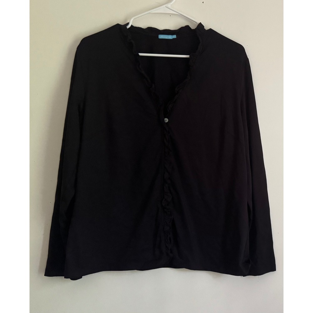 J. McLaughlin Black Ruffle V-Neck Button Front Long Sleeve Top XL Quiet Luxury